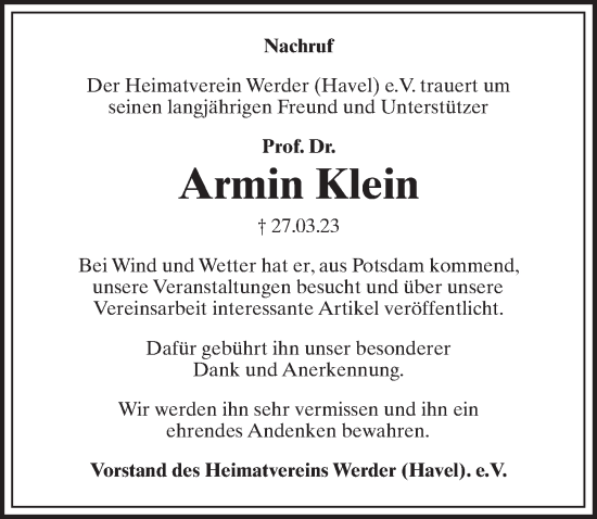 Traueranzeige von Armin Klein von Märkischen Allgemeine Zeitung