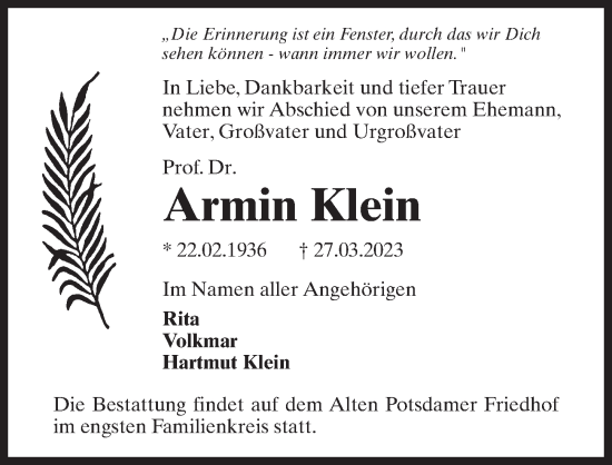 Traueranzeige von Armin Klein von Märkischen Allgemeine Zeitung