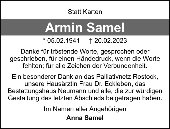 Traueranzeige von Armin Samel von Ostsee-Zeitung GmbH