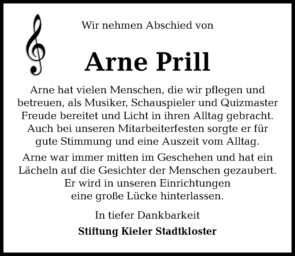  Traueranzeige für Arne Prill vom 29.04.2023 aus Kieler Nachrichten