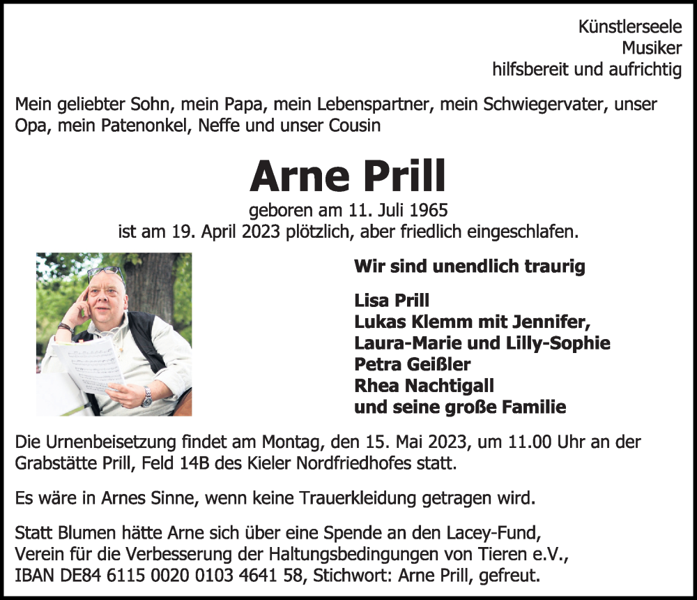  Traueranzeige für Arne Prill vom 29.04.2023 aus Kieler Nachrichten