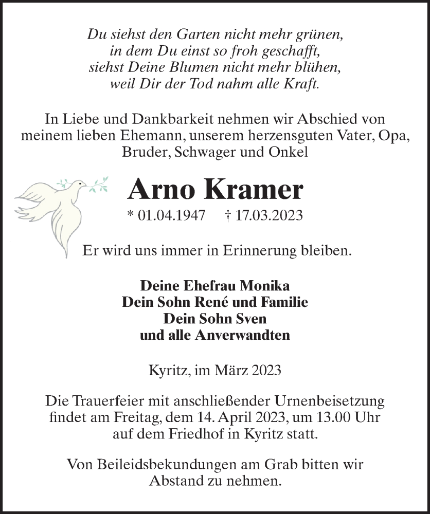  Traueranzeige für Arno Kramer vom 08.04.2023 aus Märkischen Allgemeine Zeitung