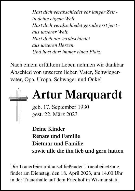 Traueranzeige von Artur Marquardt von Ostsee-Zeitung GmbH