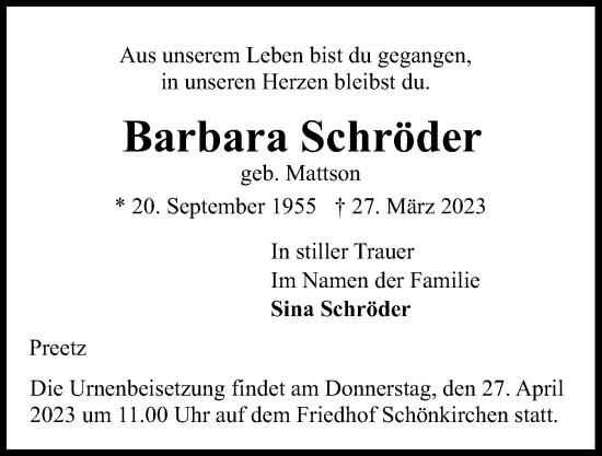 Traueranzeige von Barbara Schröder von Kieler Nachrichten