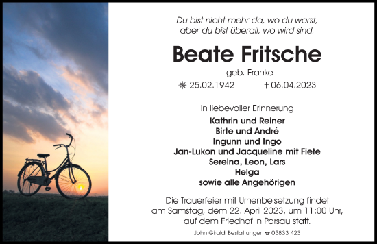 Traueranzeige von Beate Fritsche von Aller Zeitung