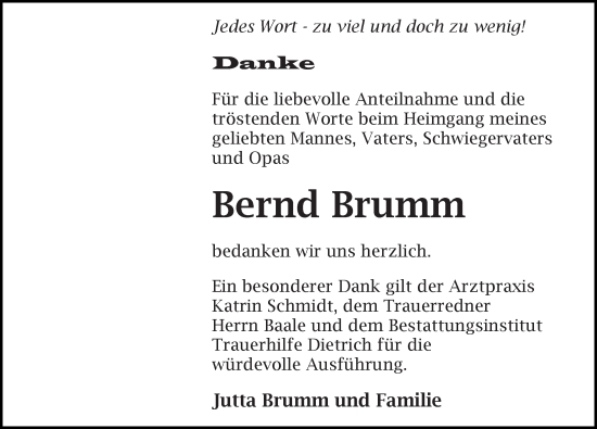 Traueranzeige von Bernd Brumm von Ostsee-Zeitung GmbH