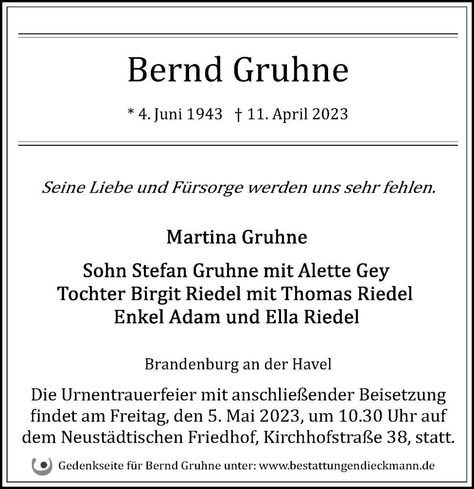  Traueranzeige für Bernd Gruhne vom 15.04.2023 aus Märkischen Allgemeine Zeitung
