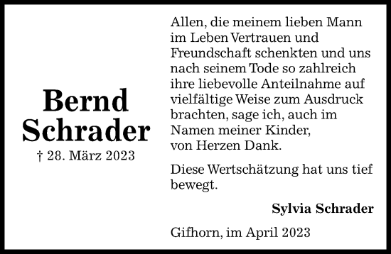 Traueranzeige von Bernd Schrader von Aller Zeitung