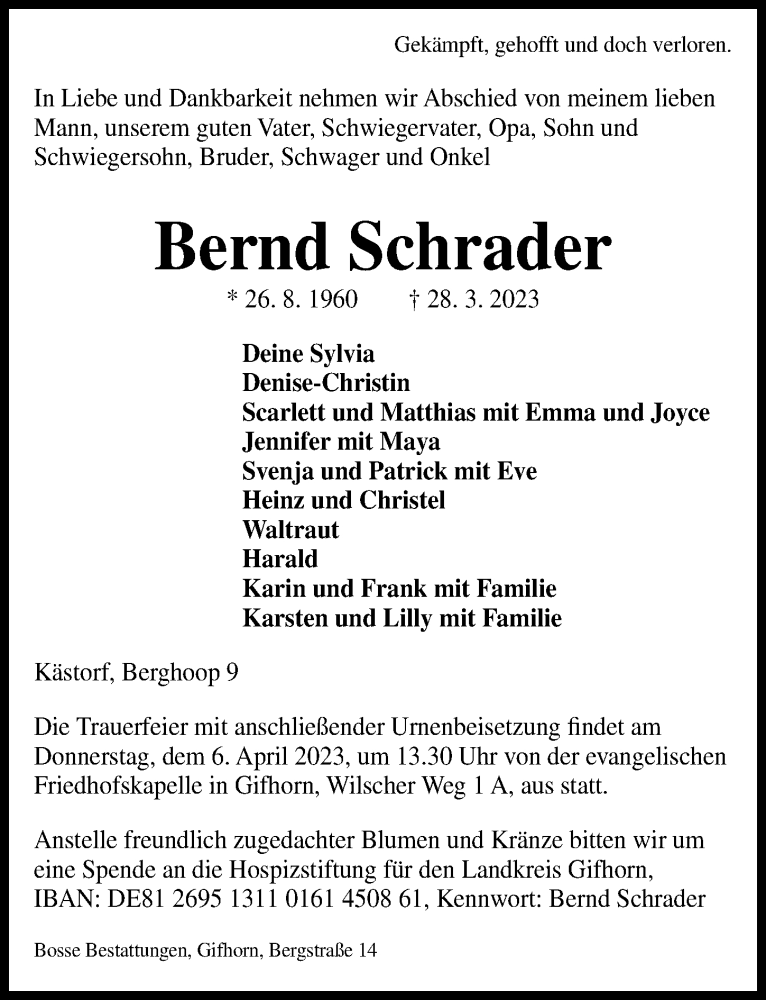  Traueranzeige für Bernd Schrader vom 01.04.2023 aus Aller Zeitung