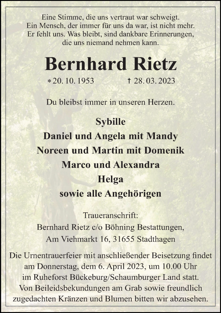  Traueranzeige für Bernhard Rietz vom 01.04.2023 aus Schaumburger Nachrichten