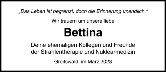 Traueranzeige von Bettina  von Ostsee-Zeitung GmbH