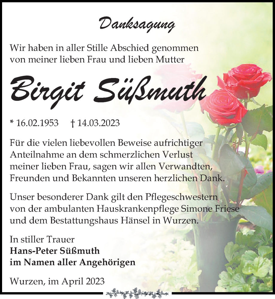  Traueranzeige für Birgit Süßmuth vom 15.04.2023 aus Leipziger Volkszeitung