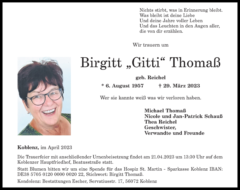  Traueranzeige für Birgitt  Thomaß vom 12.04.2023 aus Leipziger Volkszeitung