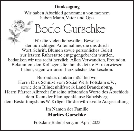 Traueranzeige von Bodo Gurschke von Märkischen Allgemeine Zeitung