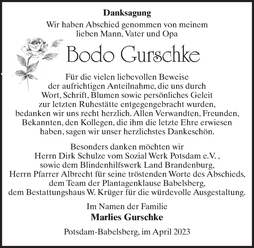  Traueranzeige für Bodo Gurschke vom 15.04.2023 aus Märkischen Allgemeine Zeitung