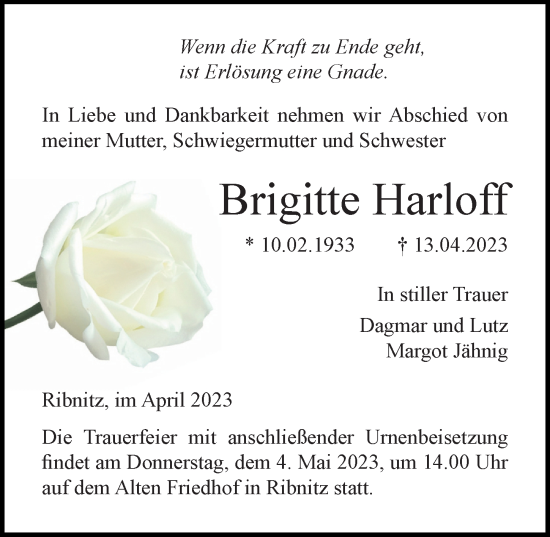 Traueranzeige von Brigitte Harloff von Ostsee-Zeitung GmbH