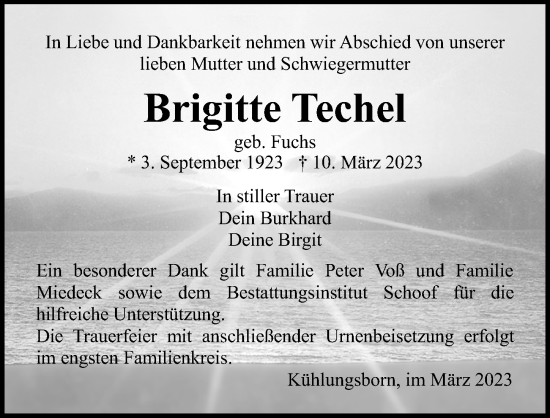 Traueranzeige von Brigitte Techel von Ostsee-Zeitung GmbH