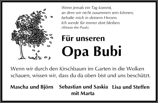 Traueranzeige von Bubi  von Göttinger Tageblatt