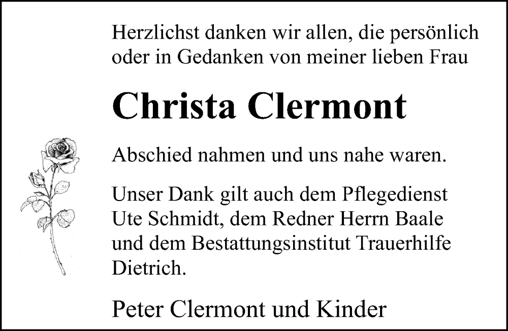  Traueranzeige für Christa Clermont vom 01.04.2023 aus Ostsee-Zeitung GmbH