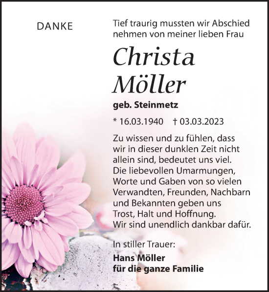 Traueranzeige von Christa Möller von Leipziger Volkszeitung