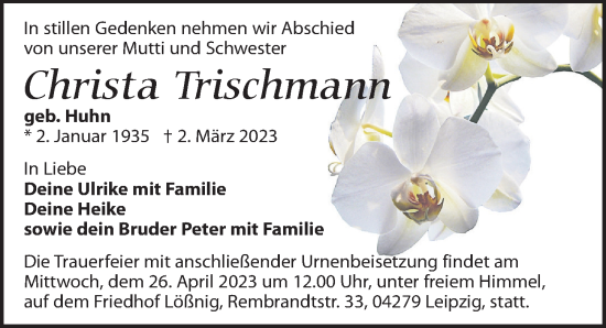 Traueranzeige von Christa Trischmann von Leipziger Volkszeitung