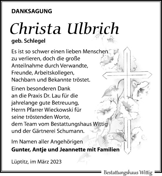 Traueranzeige von Christa Ulbrich von Leipziger Volkszeitung