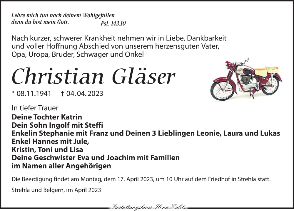  Traueranzeige für Christian Gläser vom 15.04.2023 aus Leipziger Volkszeitung