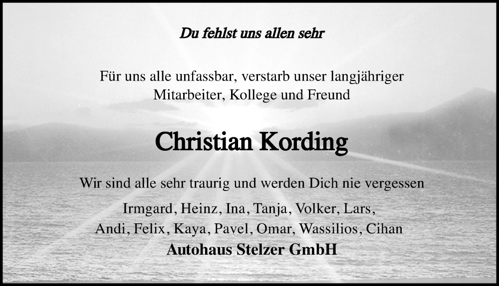  Traueranzeige für Christian Kording vom 15.04.2023 aus Schaumburger Nachrichten