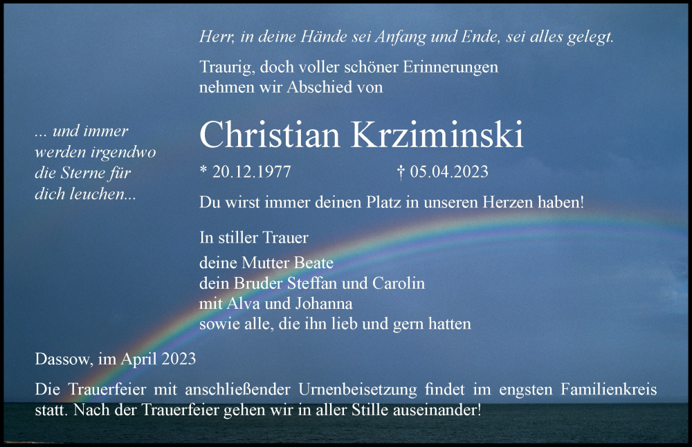 Traueranzeige für Christian Krziminski vom 19.04.2023 aus Ostsee-Zeitung GmbH