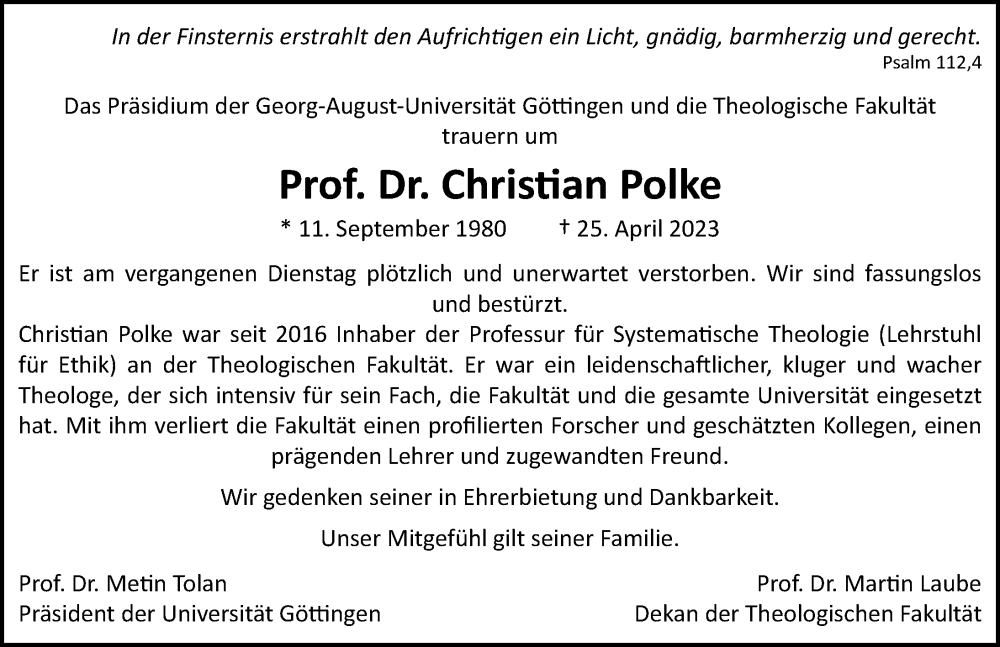  Traueranzeige für Christian Polke vom 29.04.2023 aus Göttinger Tageblatt
