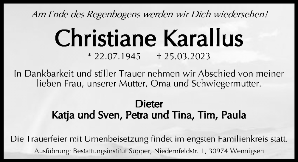  Traueranzeige für Christiane Karallus vom 08.04.2023 aus Hannoversche Allgemeine Zeitung/Neue Presse