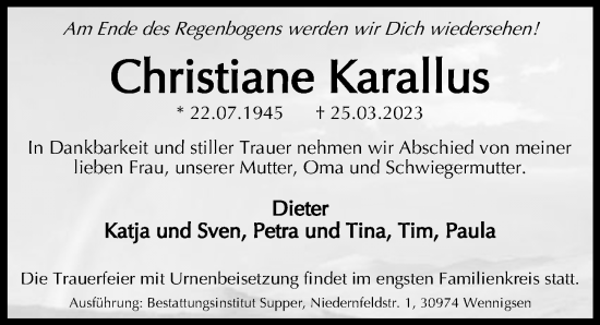 Traueranzeige von Christiane Karallus von Hannoversche Allgemeine Zeitung/Neue Presse