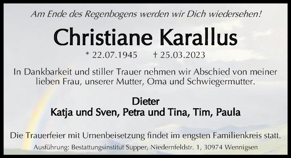  Traueranzeige für Christiane Karallus vom 15.04.2023 aus Hannoversche Allgemeine Zeitung/Neue Presse