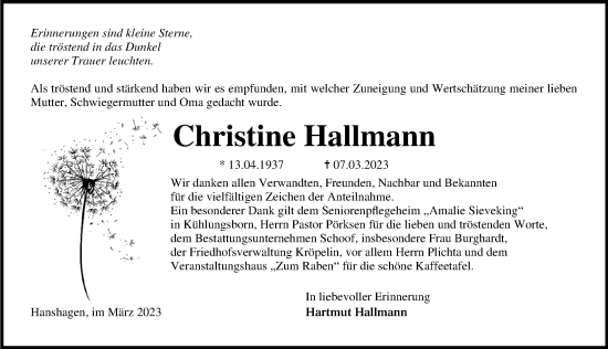 Traueranzeige von Christine Hallmann von Ostsee-Zeitung GmbH