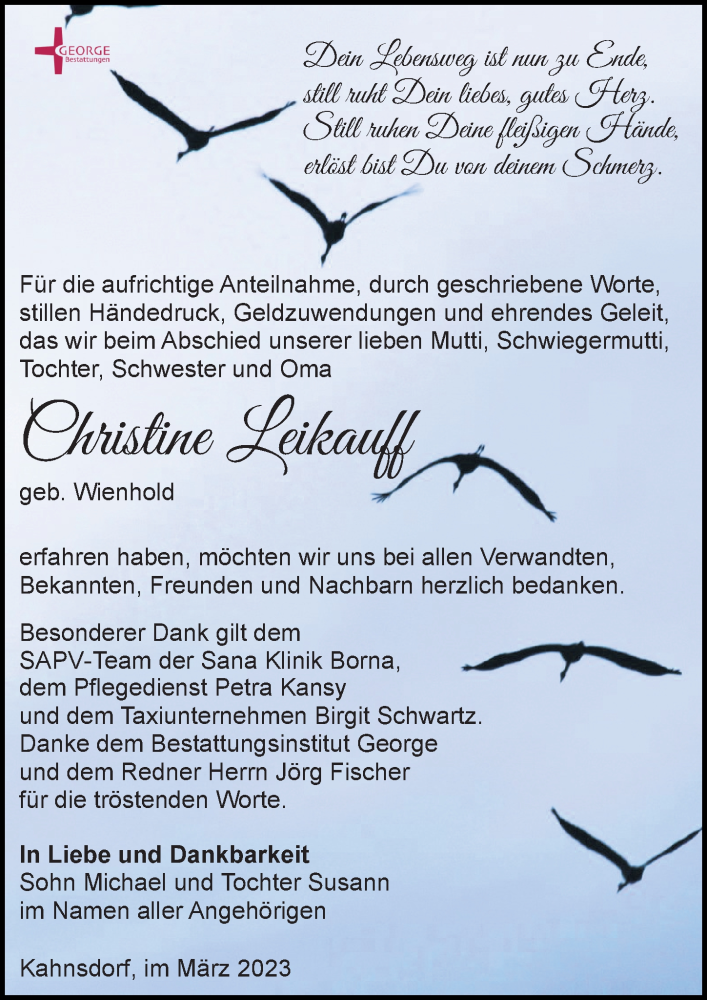  Traueranzeige für Christine Leikauff vom 01.04.2023 aus Leipziger Volkszeitung