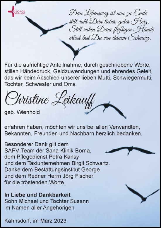 Traueranzeige von Christine Leikauff von Leipziger Volkszeitung