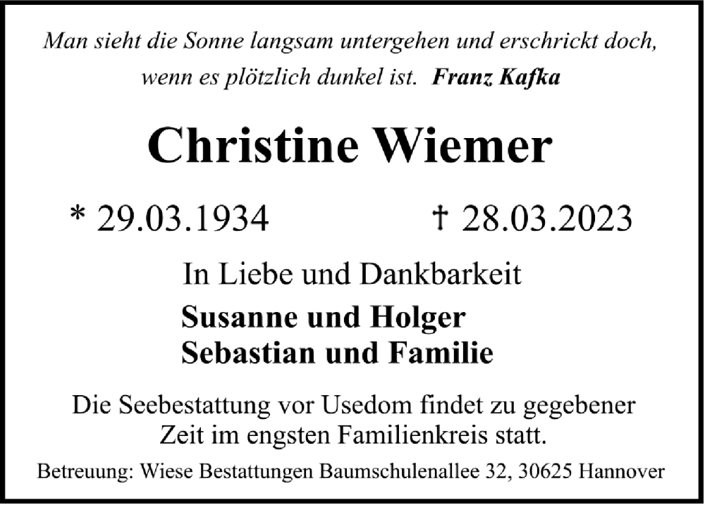  Traueranzeige für Christine Wiemer vom 08.04.2023 aus Hannoversche Allgemeine Zeitung/Neue Presse