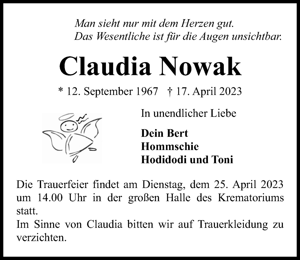  Traueranzeige für Claudia Nowak vom 22.04.2023 aus Kieler Nachrichten