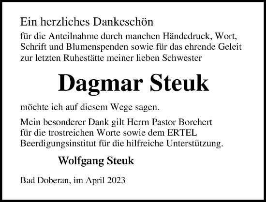 Traueranzeige von Dagmar Steuk von Ostsee-Zeitung GmbH