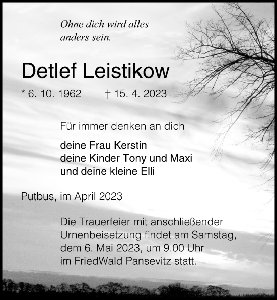 Traueranzeige von Detlef Leistikow von Ostsee-Zeitung GmbH