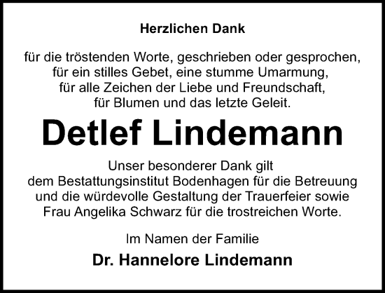 Traueranzeige von Detlef Lindemann von Ostsee-Zeitung GmbH