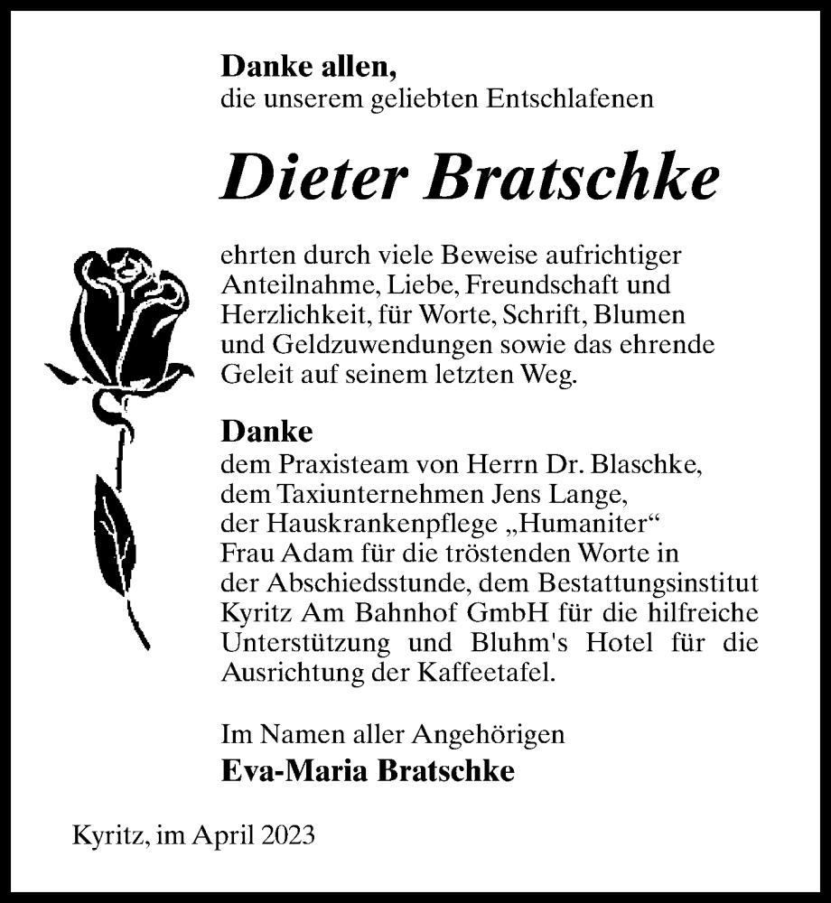  Traueranzeige für Dieter Bratschke vom 15.04.2023 aus Märkischen Allgemeine Zeitung