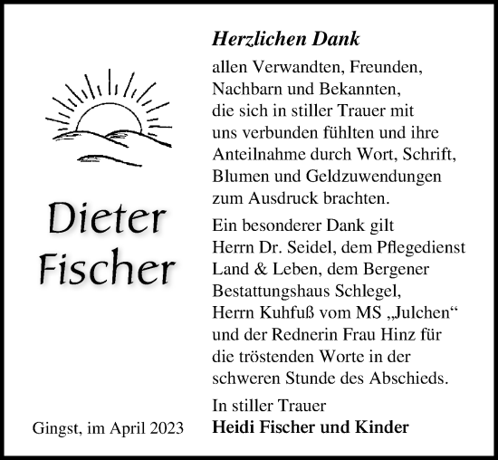 Traueranzeige von Dieter Fischer von Ostsee-Zeitung GmbH