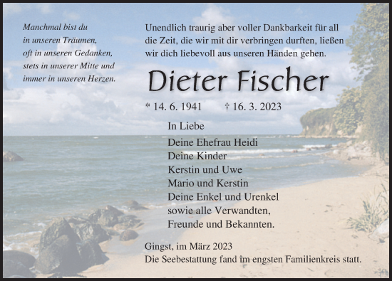 Traueranzeige von Dieter Fischer von Ostsee-Zeitung GmbH
