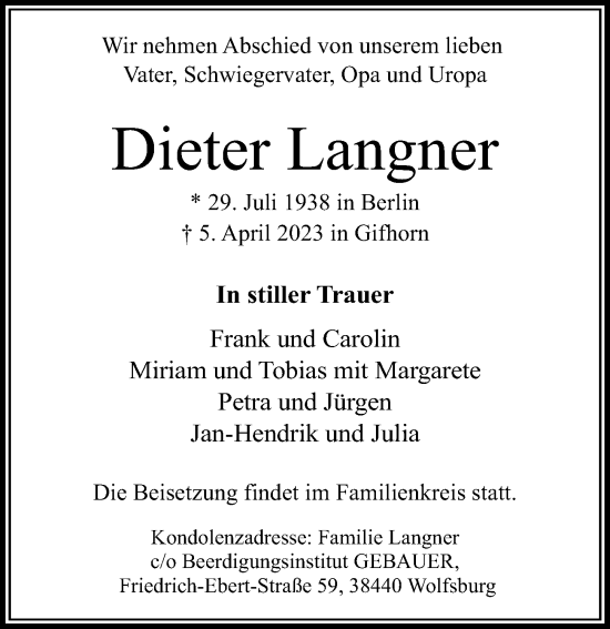 Traueranzeige von Dieter Langner von Aller Zeitung