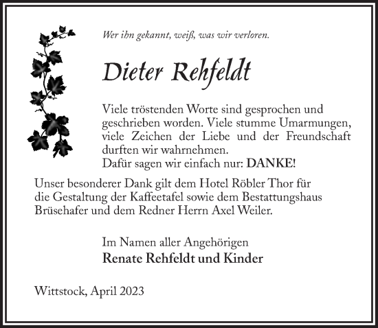 Traueranzeige von Dieter Rehfeldt von Märkischen Allgemeine Zeitung