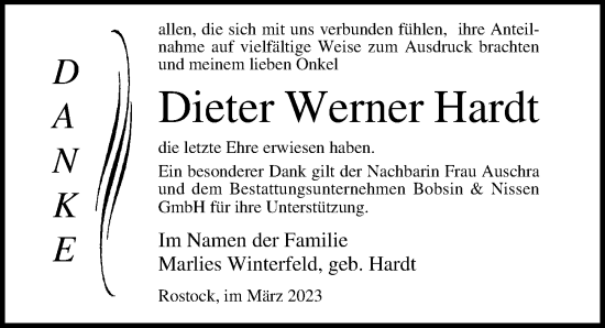 Traueranzeige von Dieter Werner Hardt von Ostsee-Zeitung GmbH
