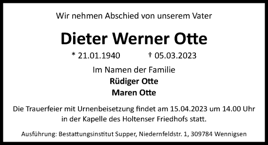 Traueranzeige von Dieter Werner Otte von Hannoversche Allgemeine Zeitung/Neue Presse