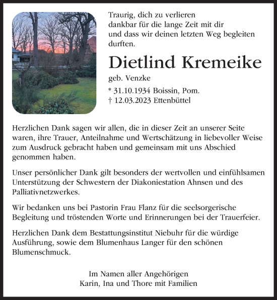 Traueranzeige von Dietlind Kremeike von Aller Zeitung