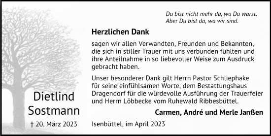 Traueranzeige von Dietlind Sostmann von Aller Zeitung